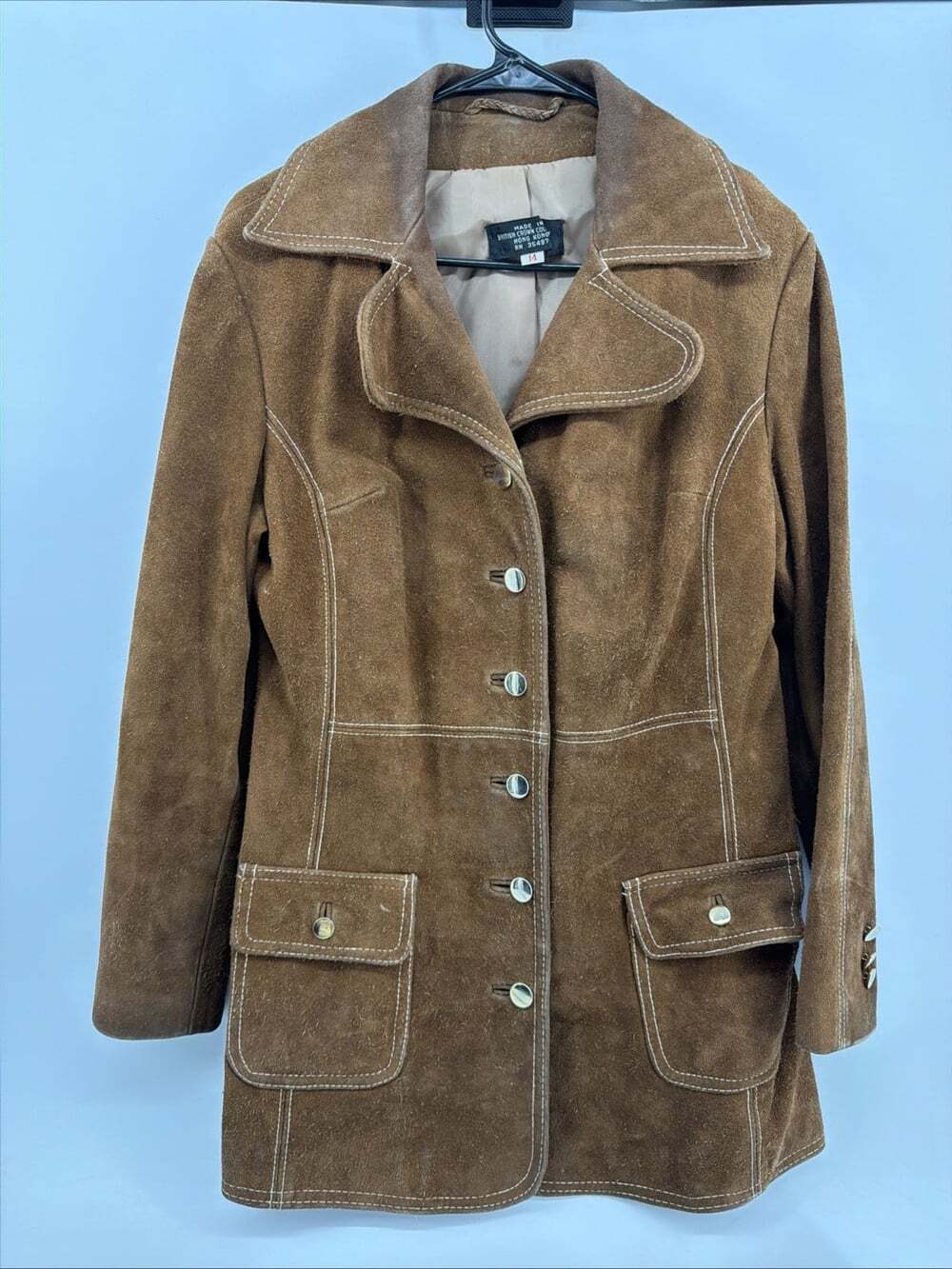 VTG 1960s-70s Brown Leather Suede Coat Western White Stitching Boho Heavyweight